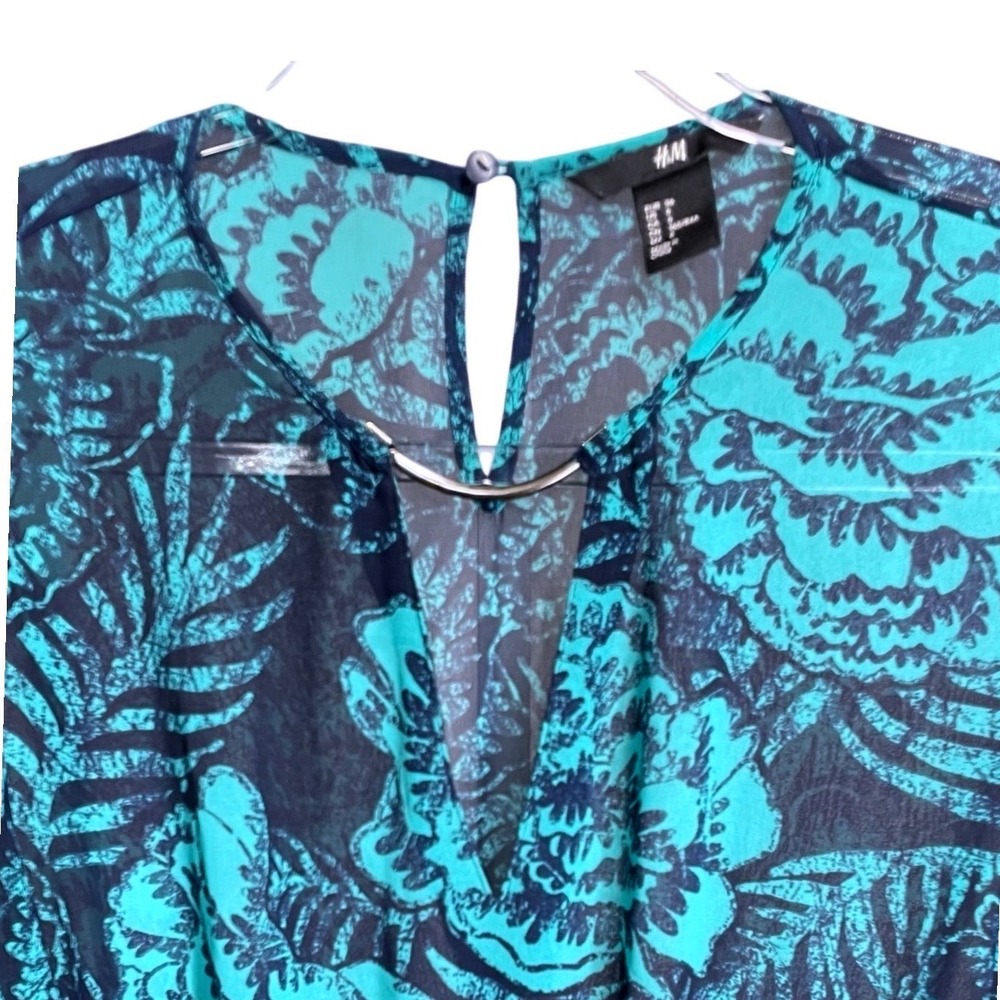 H&M Women Teal Navy Floral Chiffon Maxi Dress Size 6 Metal Bar VNeck Long Sleeve - Picture 6 of 9